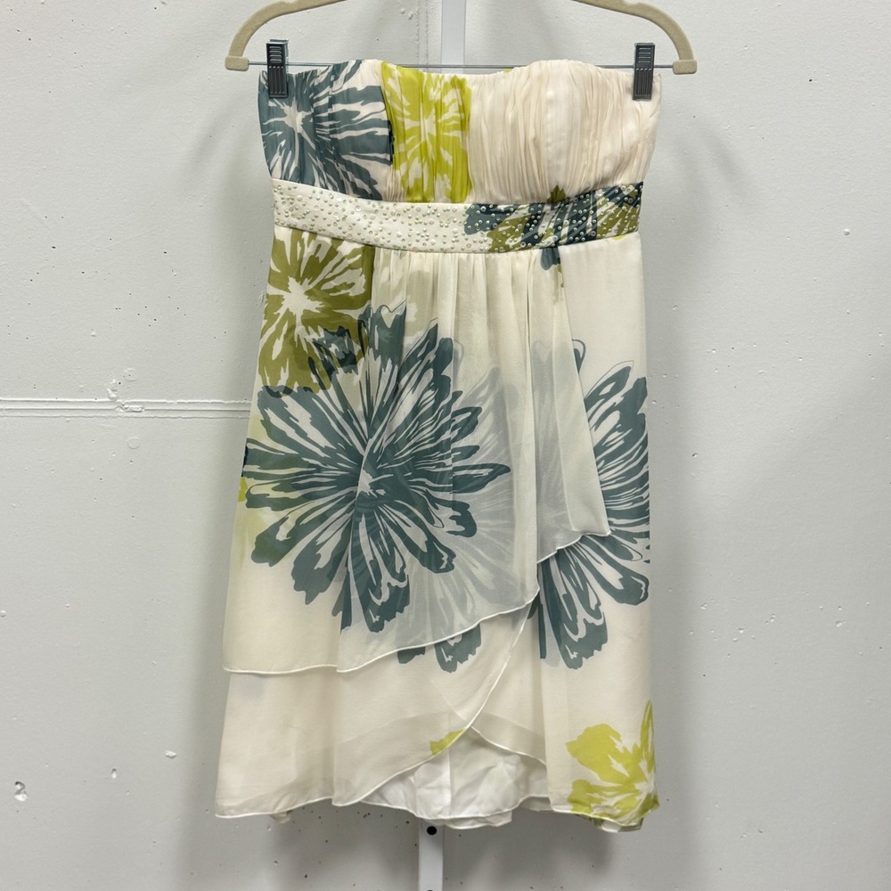 Y2K‎ BCBG Paris Silk Floral Strapless Dress Sequin Empire Waist Green Cream Sz 2